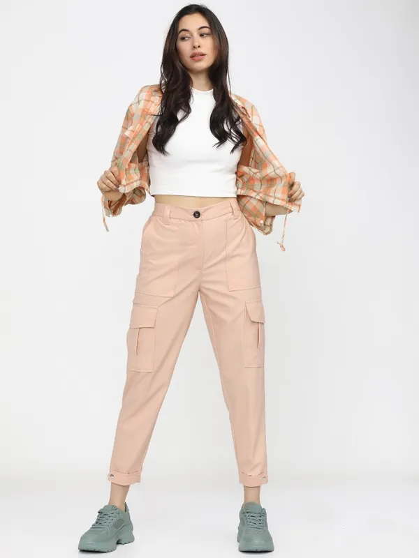  Tokyo Talkies Women Pink Solid Tapered Fit Casual Trousers