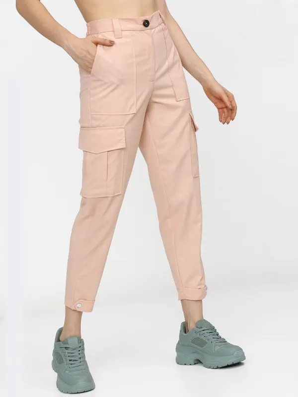  Tokyo Talkies Women Pink Solid Tapered Fit Casual Trousers