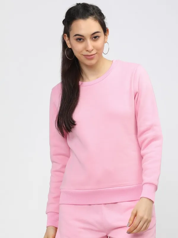  Tokyo Talkies Women Pink Solid Pullover Round Neck Sweatshirts