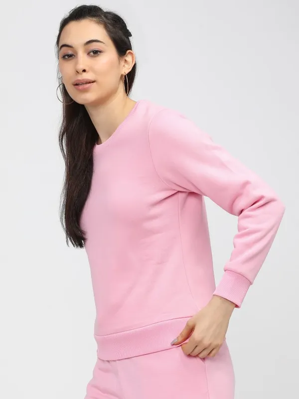  Tokyo Talkies Women Pink Solid Pullover Round Neck Sweatshirts