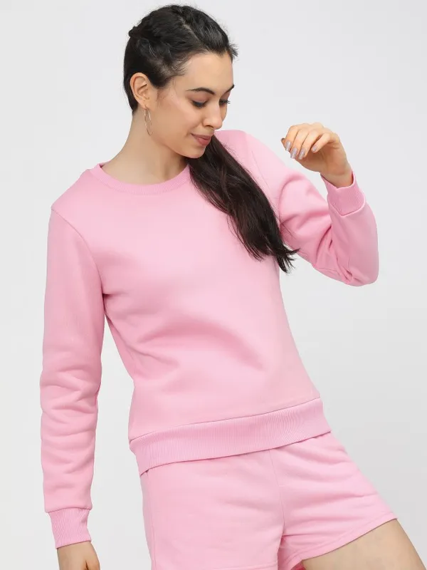  Tokyo Talkies Women Pink Solid Pullover Round Neck Sweatshirts