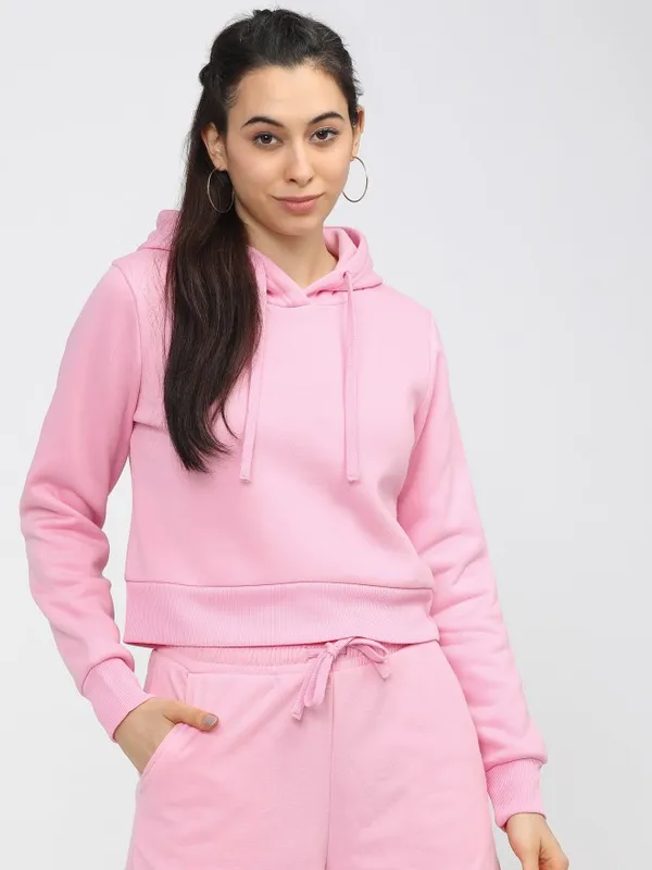  Tokyo Talkies Women Pink Solid Pullover Hood Sweatshirts