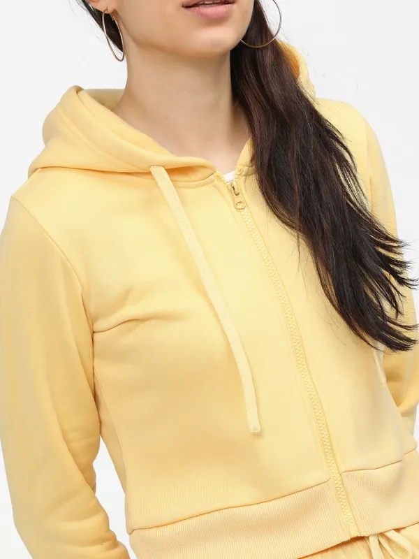  Tokyo Talkies Women Yellow Solid Front-Open Hood Sweatshirts