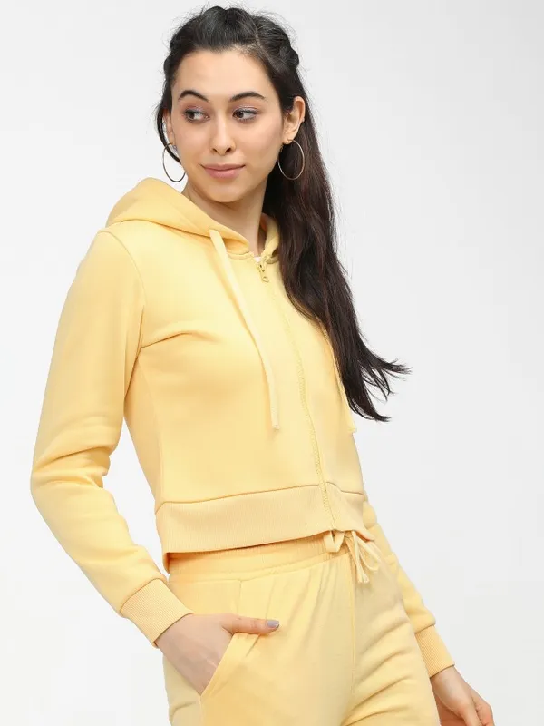  Tokyo Talkies Women Yellow Solid Front-Open Hood Sweatshirts