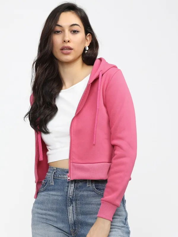  Tokyo Talkies Women Pink Solid Front-Open Hood Sweatshirts