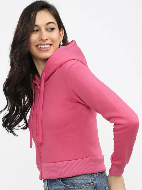  Tokyo Talkies Women Pink Solid Front-Open Hood Sweatshirts