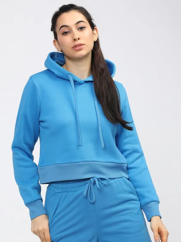  Tokyo Talkies Women Blue Solid Pullover Hood Sweatshirts