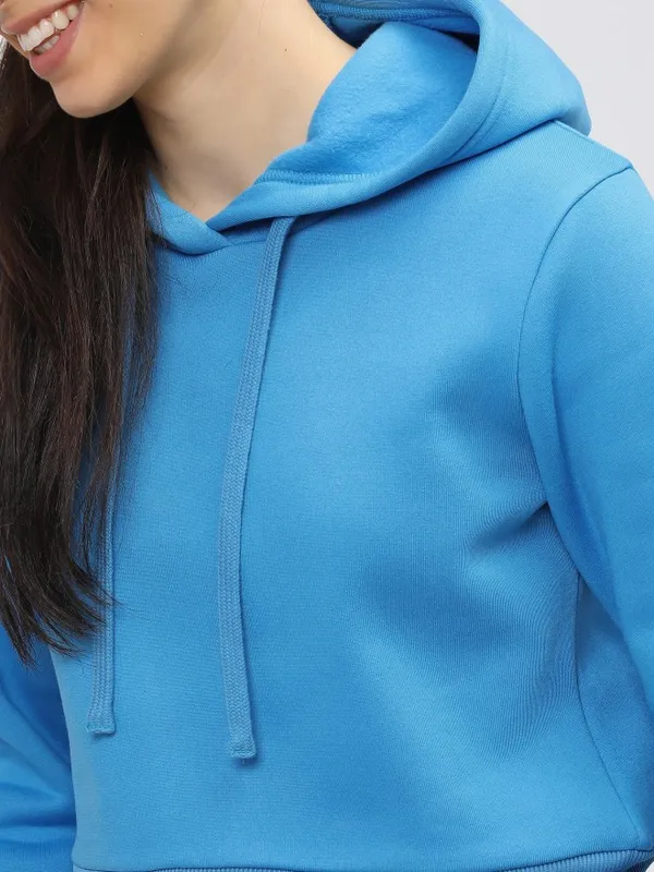  Tokyo Talkies Women Blue Solid Pullover Hood Sweatshirts