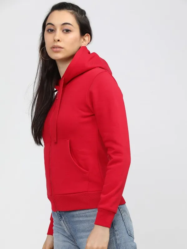  Tokyo Talkies Women Red Solid Front-Open Hood Sweatshirts