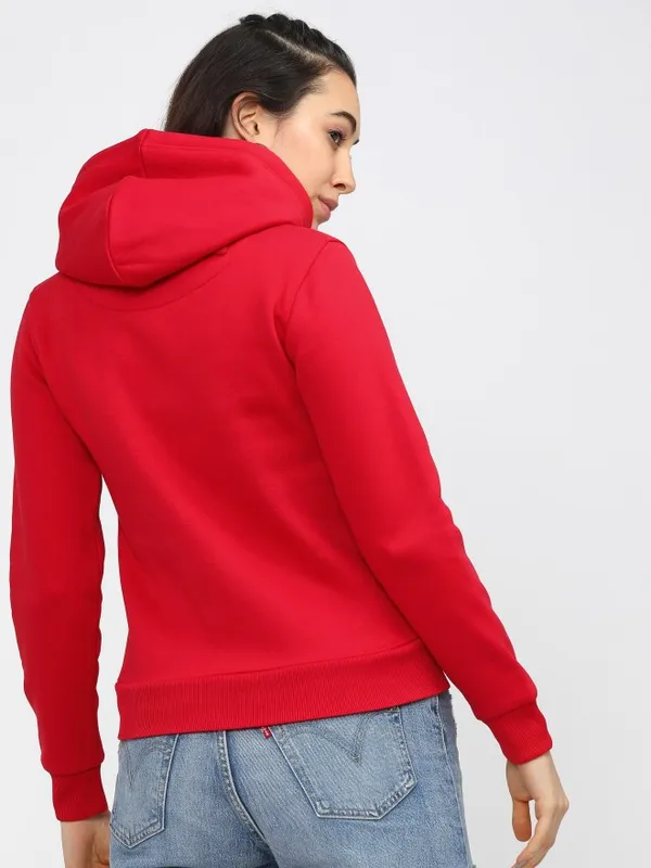  Tokyo Talkies Women Red Solid Front-Open Hood Sweatshirts