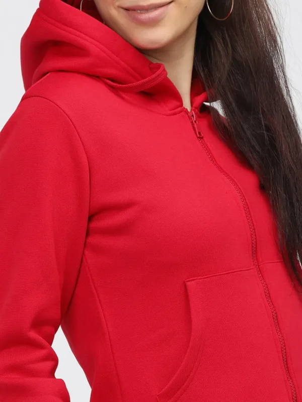  Tokyo Talkies Women Red Solid Front-Open Hood Sweatshirts