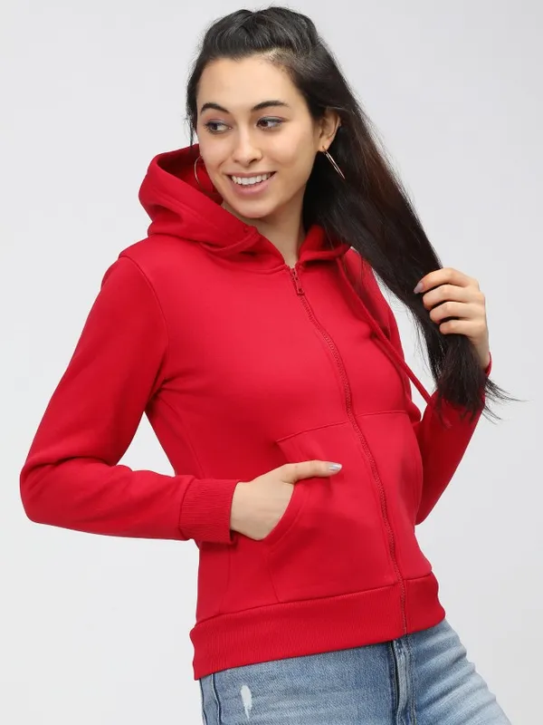  Tokyo Talkies Women Red Solid Front-Open Hood Sweatshirts