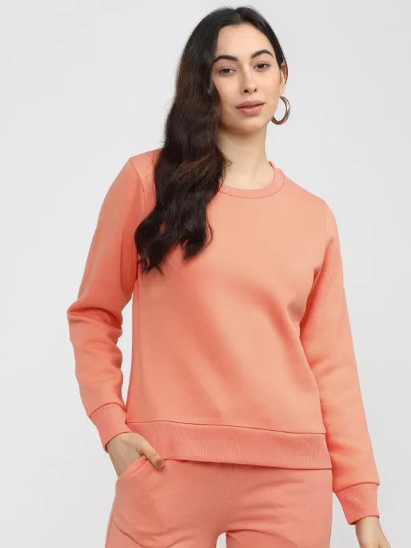  Tokyo Talkies Women Pink Solid Pullover Round Neck Sweatshirts