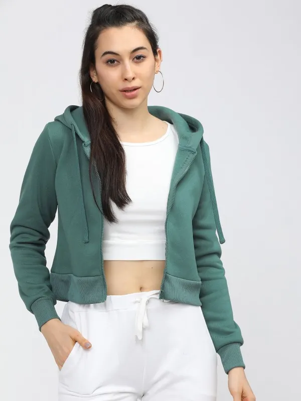  Tokyo Talkies Women Green Solid Front-Open Hood Sweatshirts