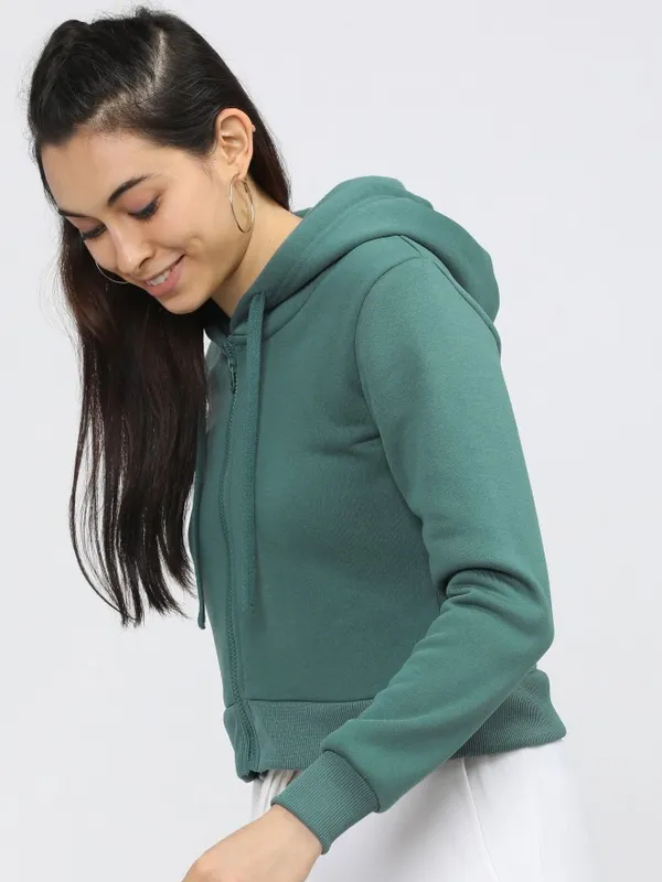  Tokyo Talkies Women Green Solid Front-Open Hood Sweatshirts