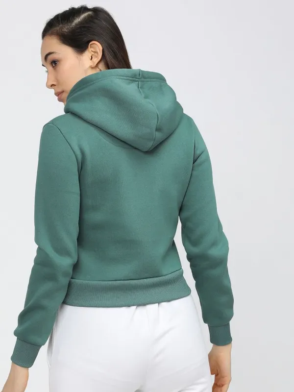  Tokyo Talkies Women Green Solid Front-Open Hood Sweatshirts