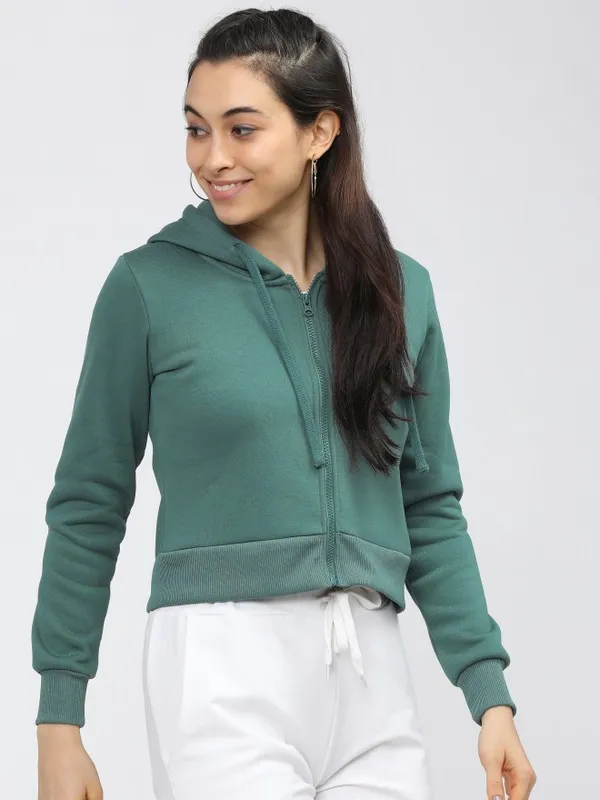  Tokyo Talkies Women Green Solid Front-Open Hood Sweatshirts