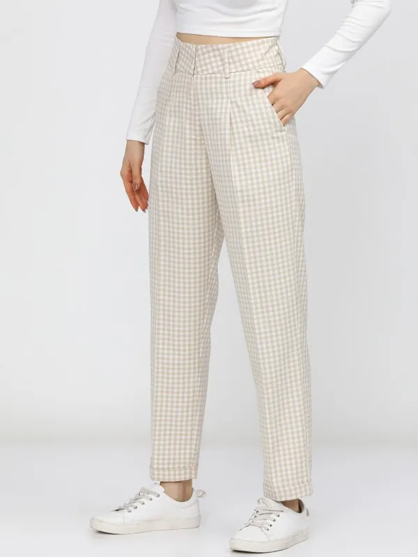  Tokyo Talkies Women Beige Checked Straight Fit Casual Trousers