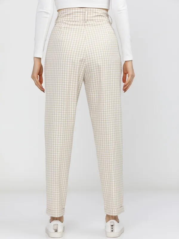  Tokyo Talkies Women Beige Checked Straight Fit Casual Trousers