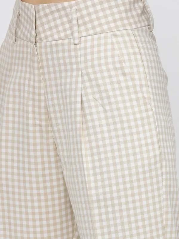  Tokyo Talkies Women Beige Checked Straight Fit Casual Trousers