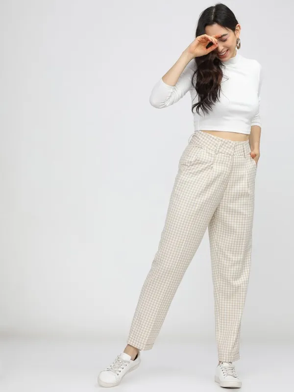  Tokyo Talkies Women Beige Checked Straight Fit Casual Trousers