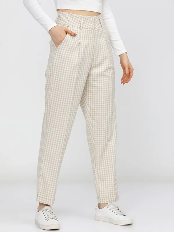  Tokyo Talkies Women Beige Checked Straight Fit Casual Trousers