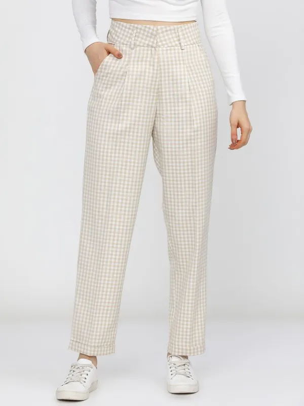  Tokyo Talkies Women Beige Checked Straight Fit Casual Trousers