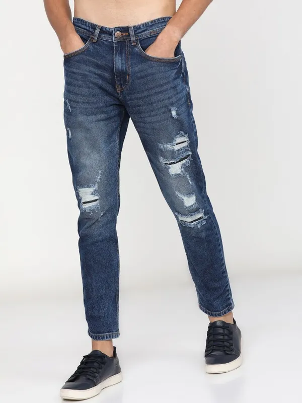  Locomotive Men Blue Tapered Fit Highly Distressed Jeans