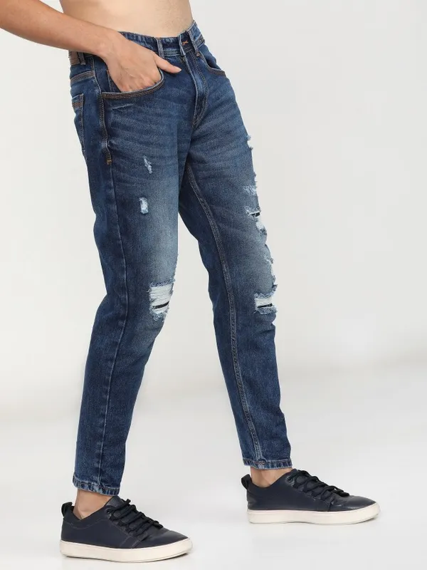  Locomotive Men Blue Tapered Fit Highly Distressed Jeans