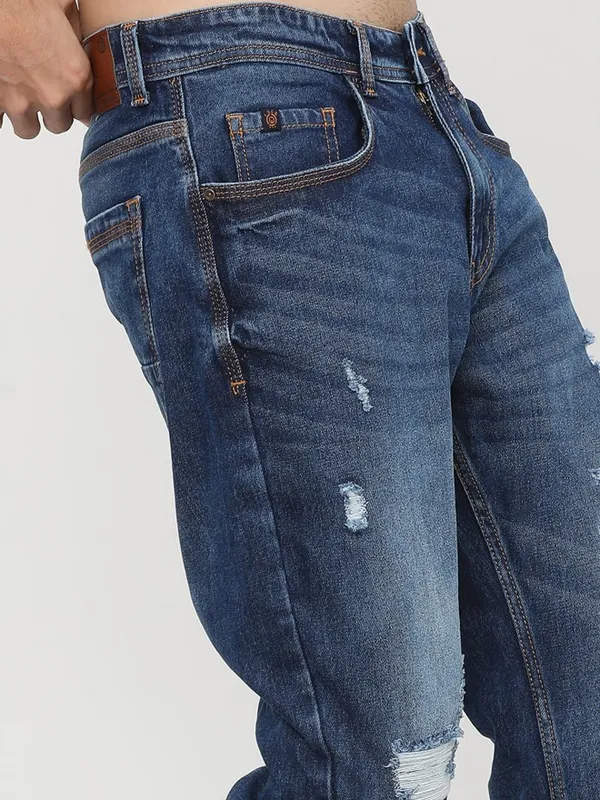  Locomotive Men Blue Tapered Fit Highly Distressed Jeans