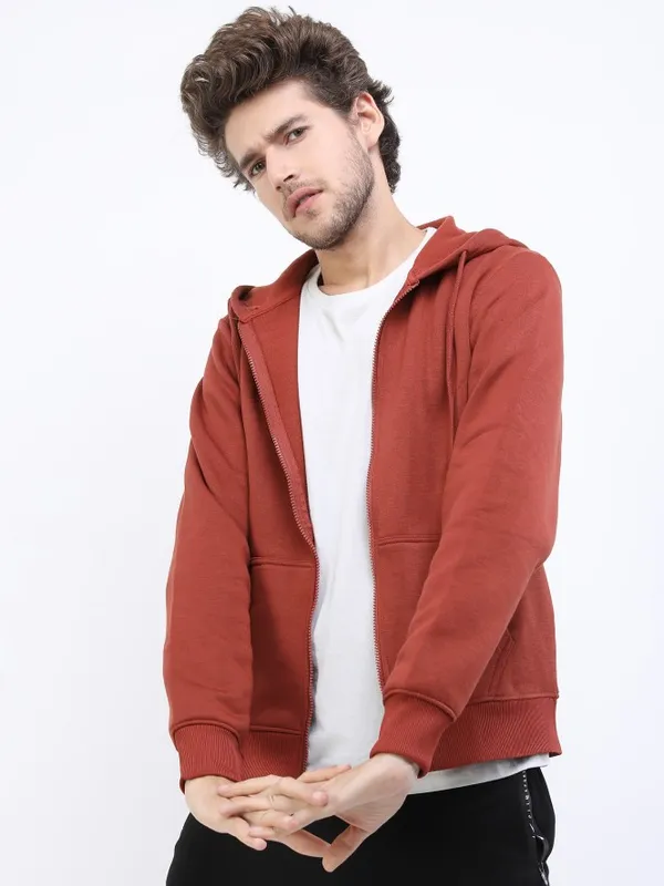  Highlander Men Brown Hood Front-Open Sweatshirts