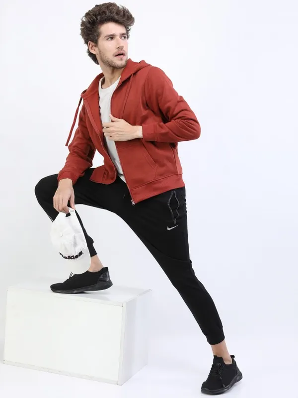  Highlander Men Brown Hood Front-Open Sweatshirts