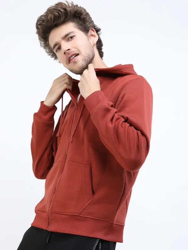  Highlander Men Brown Hood Front-Open Sweatshirts