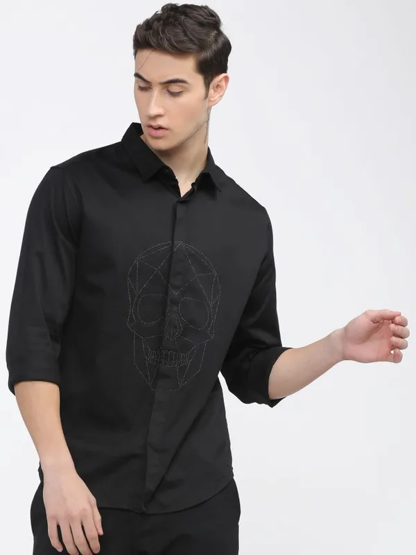  Highlander Men Black Printed Slim Fit Casual Shirts