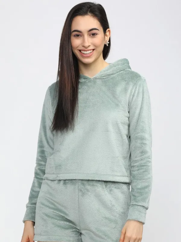  Tokyo Talkies Women Green Solid Pullover Hood Sweatshirts