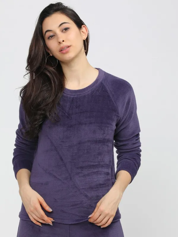  Tokyo Talkies Women Purple Solid Pullover Round Neck Sweatshirts