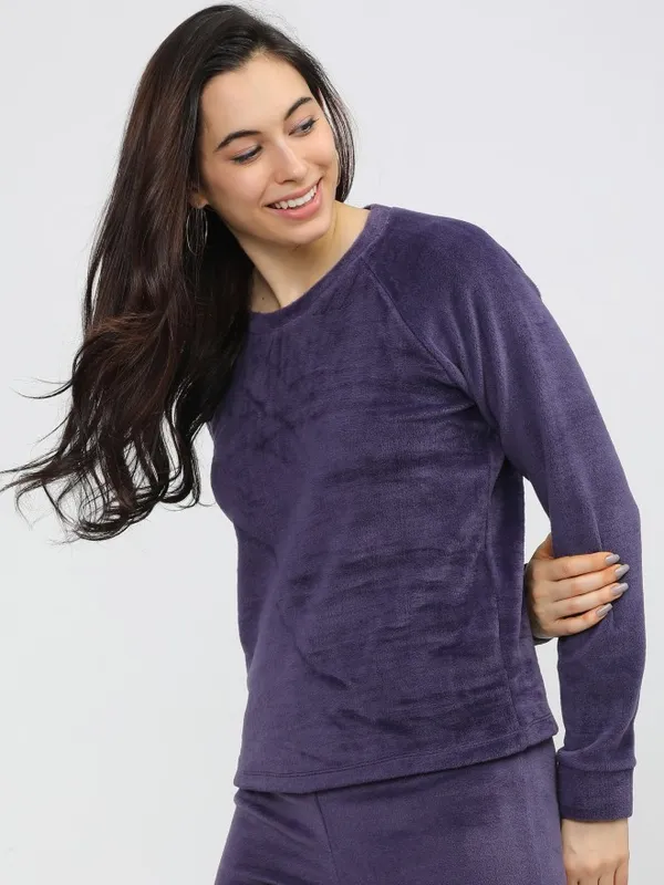  Tokyo Talkies Women Purple Solid Pullover Round Neck Sweatshirts