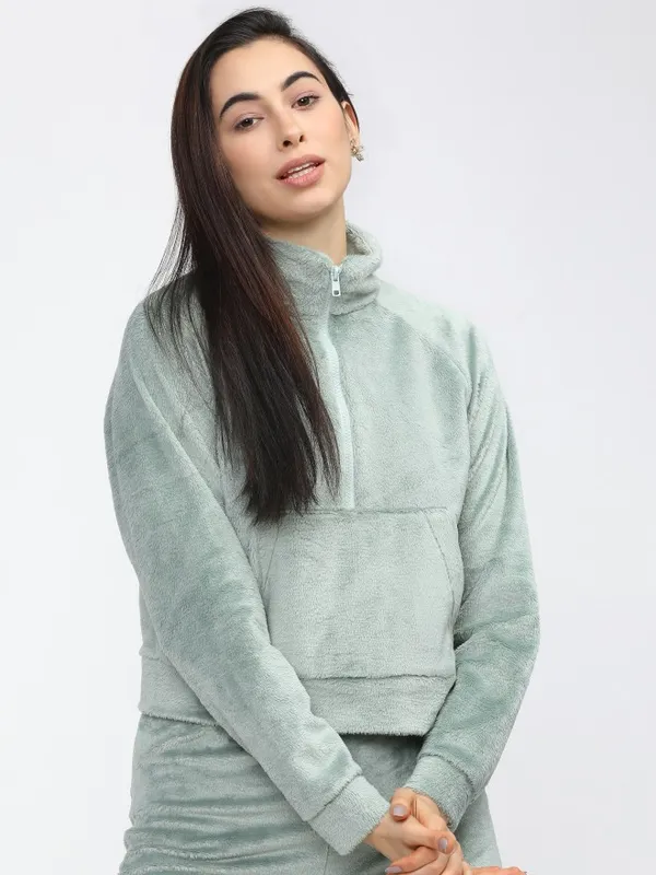  Tokyo Talkies Women Green Solid Pullover High Neck Sweatshirts