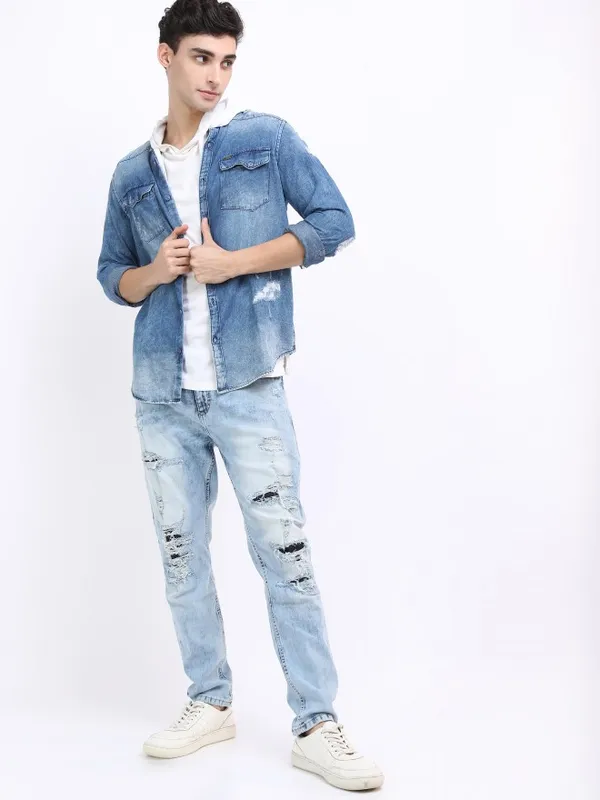  Locomotive Men Blue Solid Slim Fit Casual Shirts
