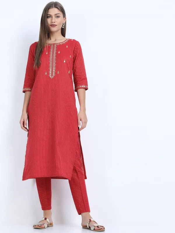  Vishudh Women Red Striped Kurta Sets