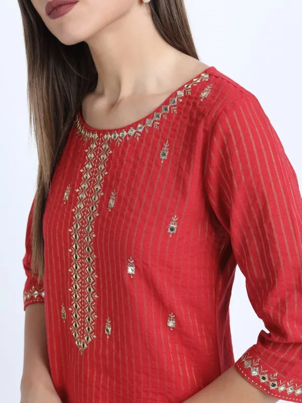  Vishudh Women Red Striped Kurta Sets