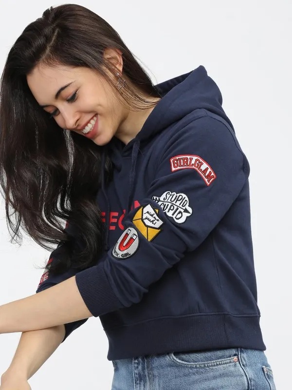  Tokyo Talkies Women Navy Blue Printed Pullover Hood Sweatshirts