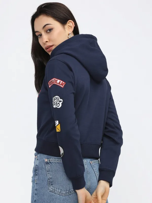  Tokyo Talkies Women Navy Blue Printed Pullover Hood Sweatshirts