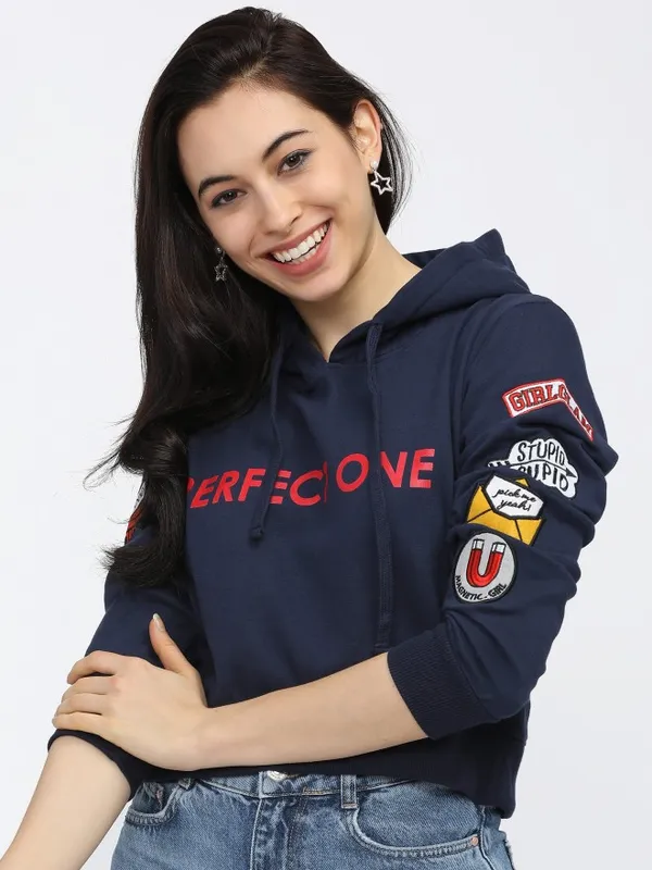  Tokyo Talkies Women Navy Blue Printed Pullover Hood Sweatshirts