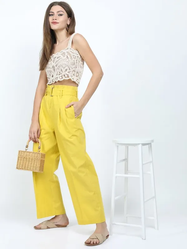  Tokyo Talkies Women Mustard Solid Flared Casual Trousers
