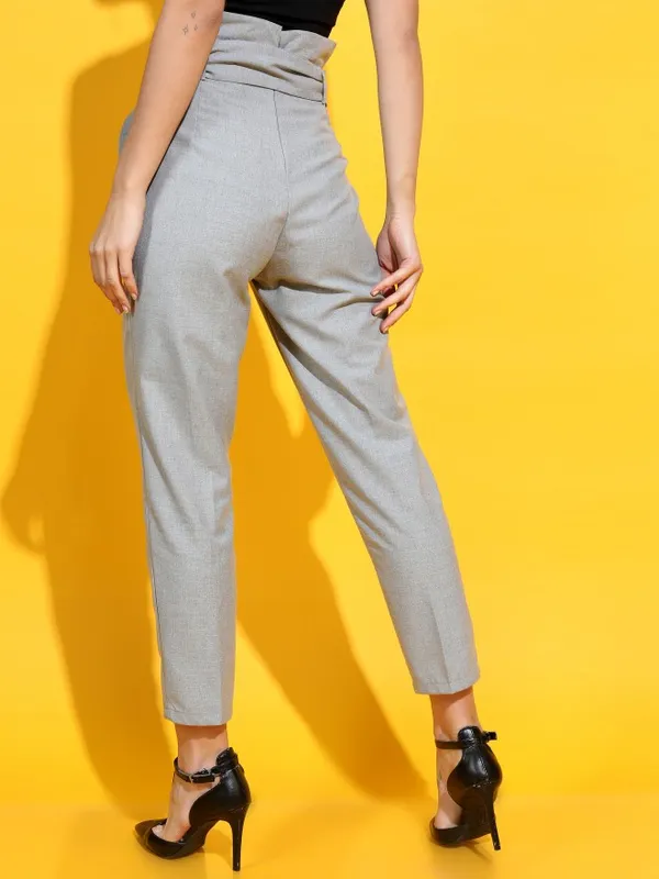  Tokyo Talkies Women Grey Solid Tapered Fit Casual Trousers