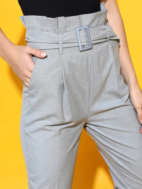  Tokyo Talkies Women Grey Solid Tapered Fit Casual Trousers