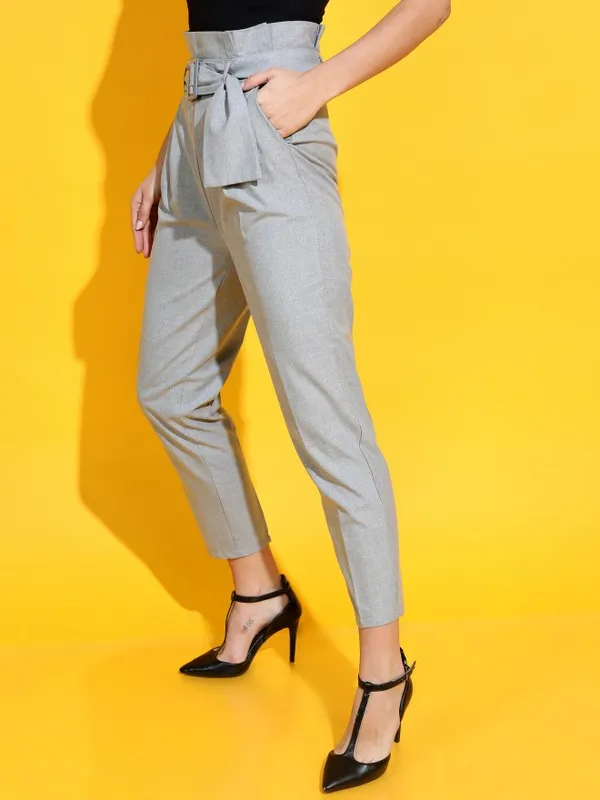 Tokyo Talkies Women Grey Solid Tapered Fit Casual Trousers