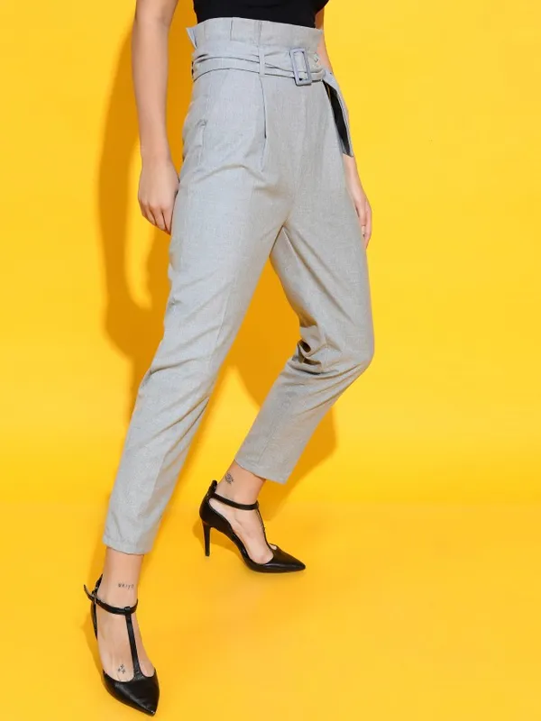 Tokyo Talkies Women Grey Solid Tapered Fit Casual Trousers