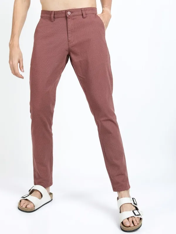  Highlander Men Terracotta Slim Fit Solid Casual Trousers